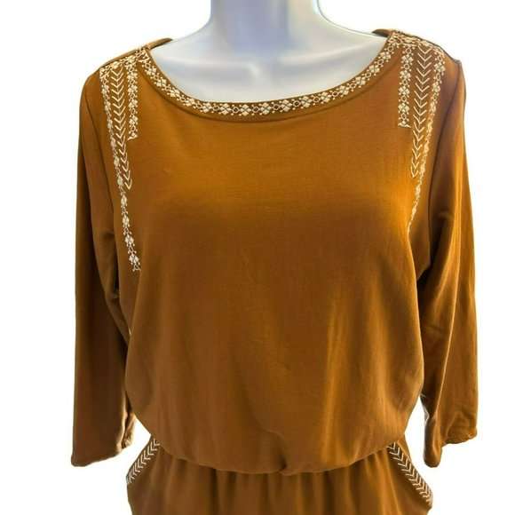 Garnet Hill Women's Brown White Embroidered Pocket-Detail Knit Dress Size Small - Picture 3 of 6